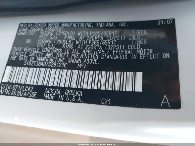 2007 TOYOTA SEQUOIA 5TDZT38A07S291216 Photo 8