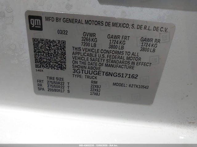 Продажа на аукционе авто 2022 Gmc Sierra 1500 4wd  Short Box Denali, vin: 3GTUUGET6NG517162, номер лота: 43852235