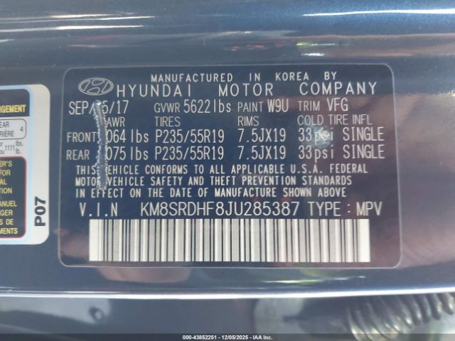 2018 HYUNDAI SANTA FE KM8SRDHF8JU285387 Photo 8