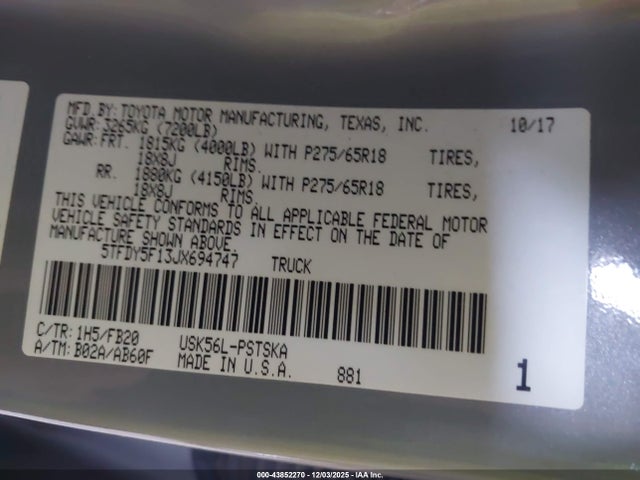 5TFDY5F13JX694747 Toyota Tundra Sr5 5.7l V8