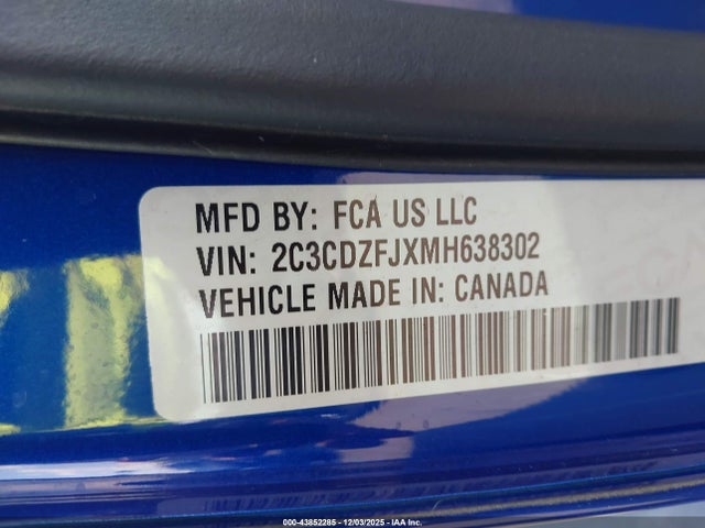 Auction sale of the 2021 Dodge Challenger R/t Scat Pack, vin: 2C3CDZFJXMH638302, lot number: 43852285