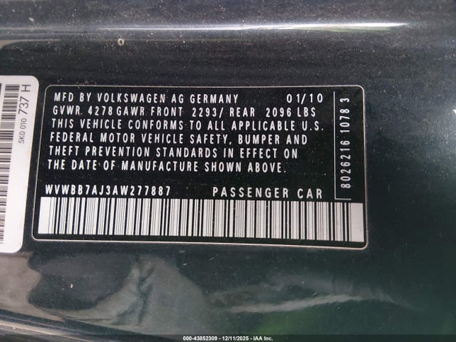 2010 Volkswagen Golf 2-door მანქანა იყიდება აუქციონზე, vin: WVWBB7AJ3AW277887, აუქციონის ნომერი: 43852309