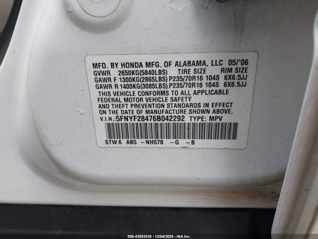 2006 HONDA PILOT 5FNYF28476B042292 Photo 8