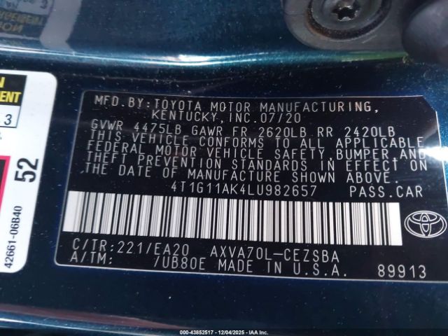 2020 TOYOTA CAMRY 4T1G11AK4LU982657 Photo 8