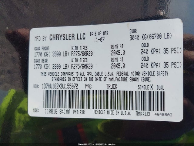 43852703 :رقم المزاد ، 1D7HU182X8J155072 vin ، 2008 Dodge Ram 1500 Slt مزاد بيع