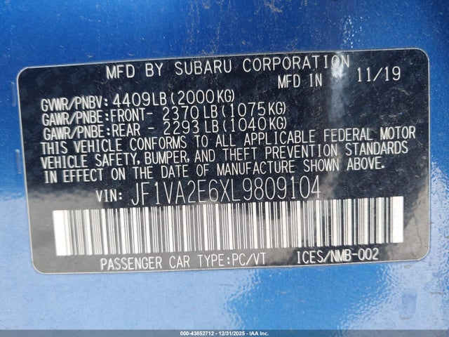 Aukcja sprzedaży 2020 Subaru Wrx Sti, vin: JF1VA2E6XL9809104, numer aukcji: 43852712