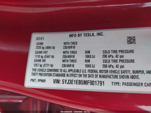 2021 TESLA MODEL 3 5YJ3E1EB5MF901791 Photo 8