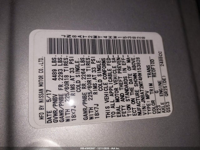 Aukcja sprzedaży 2017 Nissan Rogue Sl, vin: JN8AT2MT4HW153828, numer aukcji: 43852857