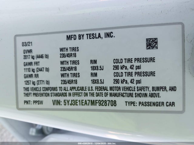 2021 TESLA MODEL 3 5YJ3E1EA7MF928708 Photo 8