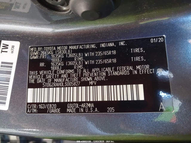 5TDGZRAH0LS005827 Toyota Highlander Xle
