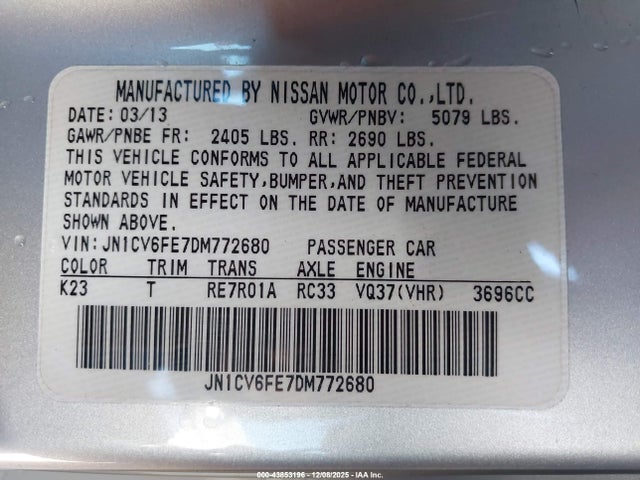 Aukcja sprzedaży 2013 Infiniti G37, vin: JN1CV6FE7DM772680, numer aukcji: 43853196