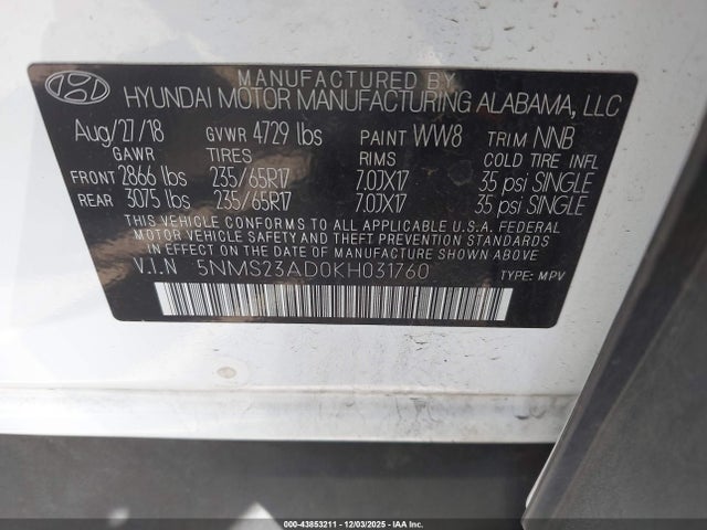 5NMS23AD0KH031760 Hyundai Santa Fe