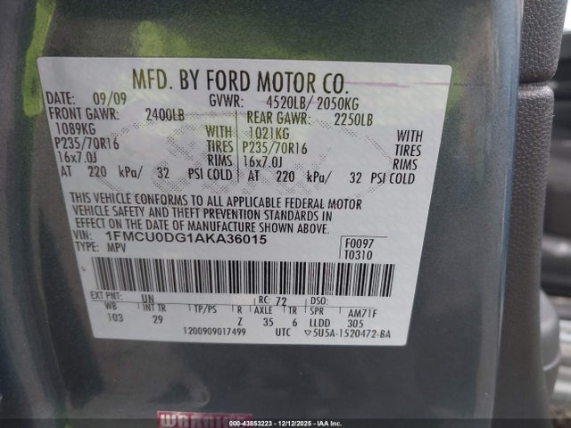 Aukcja sprzedaży 2010 Ford Escape Xlt, vin: 1FMCU0DG1AKA36015, numer aukcji: 43853223
