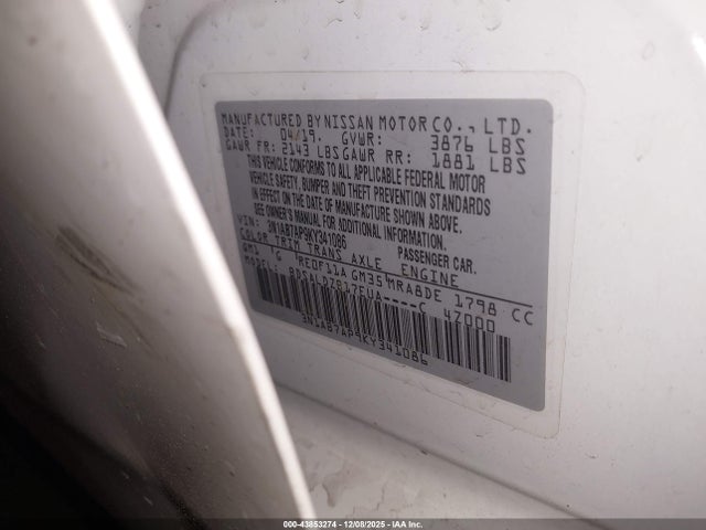 3N1AB7AP9KY341086 Nissan SENTRA SV