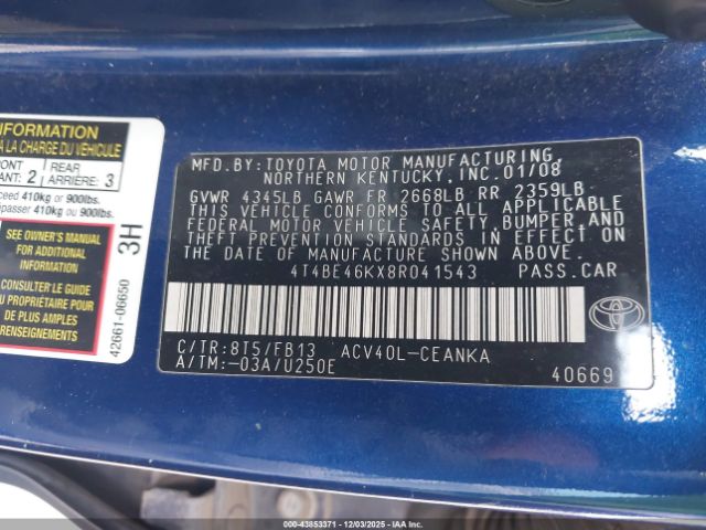 2008 TOYOTA CAMRY 4T4BE46KX8R041543 Photo 8