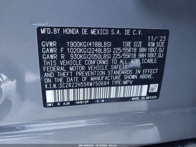 3CZRZ2H55RM750684 Honda Hr-v Awd Sport/awd Sport W/o Bsi