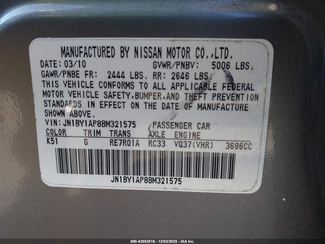 Aukcja sprzedaży 2011 Infiniti M37, vin: JN1BY1AP8BM321575, numer aukcji: 43853516