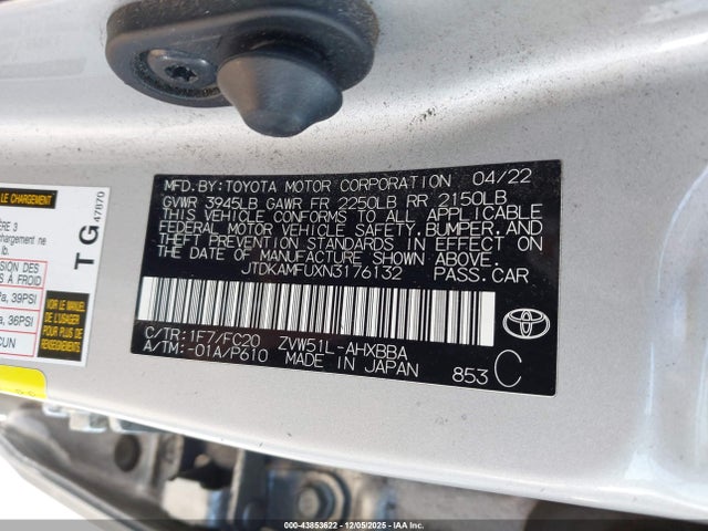 JTDKAMFUXN3176132 Toyota Prius L