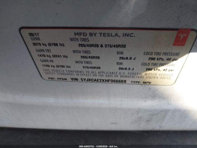 2017 TESLA MODEL X 5YJXCAE2XHF066669 Photo 8