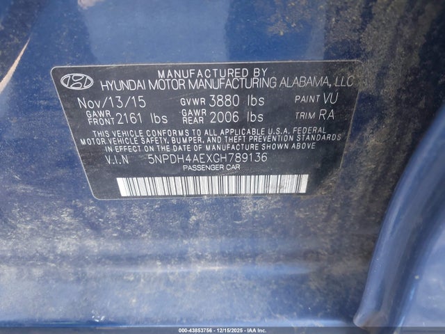 5NPDH4AEXGH789136 Hyundai ELANTRA SE