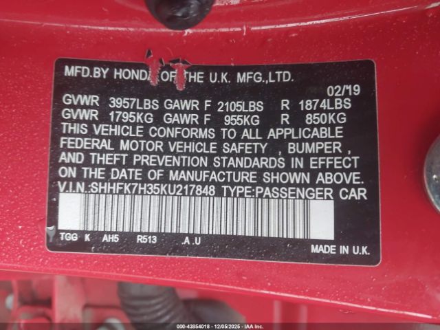 2019 HONDA CIVIC SHHFK7H35KU217848 Photo 8