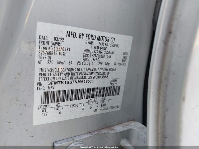 3FMTK1SS7NMA18586 Ford Mustang Mach-e Select