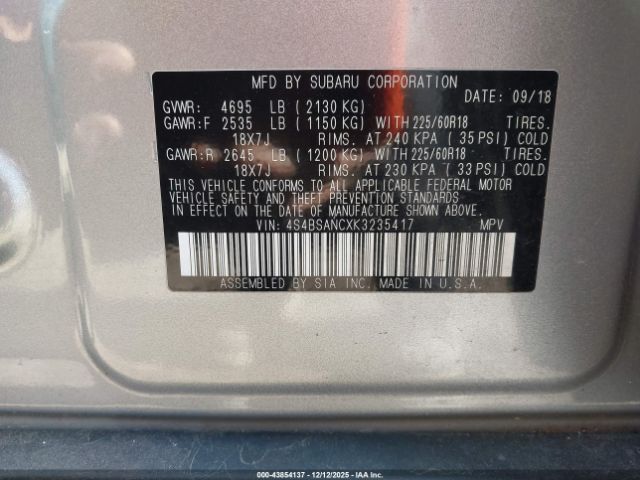 2019 SUBARU OUTBACK 4S4BSANCXK3235417 Photo 8