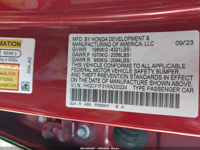 1HGCY1F31RA000224 Honda ACCORD EX