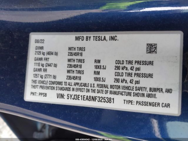 2022 TESLA MODEL 3 5YJ3E1EA8NF325381 Photo 8