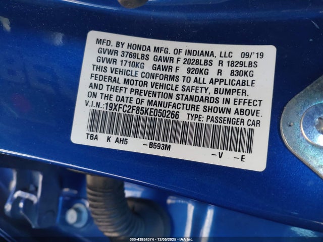 43854374 :رقم المزاد ، 19XFC2F85KE050266 vin ، 2019 Honda Civic Sport مزاد بيع