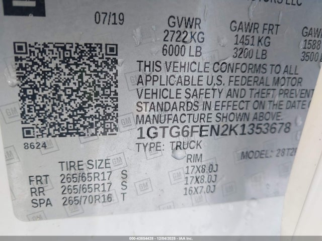 Продажа на аукционе авто 2019 Gmc Canyon All Terrain W/leather, vin: 1GTG6FEN2K1353678, номер лота: 43854428