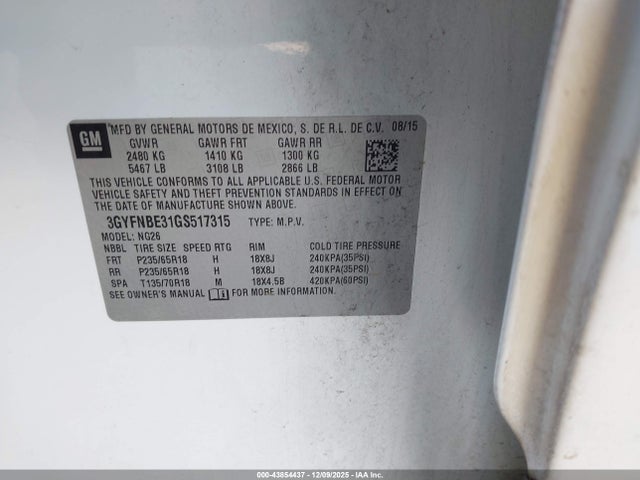 3GYFNBE31GS517315 Cadillac Srx Luxury Collection