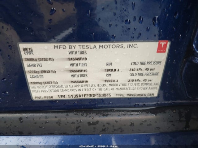 Продаж на аукціоні авто 2016 Tesla Model S 60d/70d/75d/85d/90d, vin: 5YJSA1E23GF153845, номер лоту: 43854453