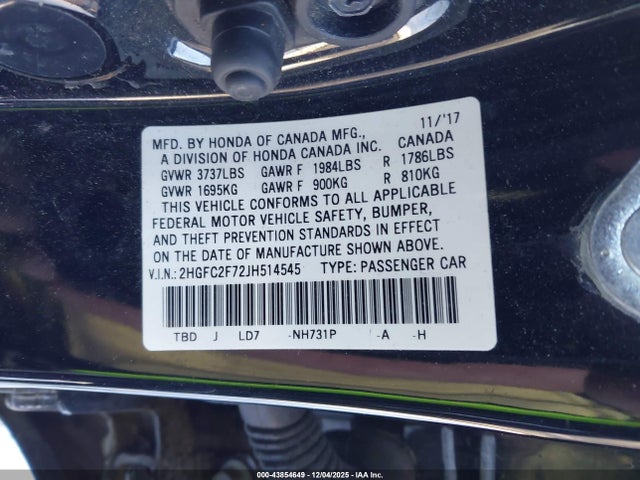 Aukcja sprzedaży 2018 Honda Civic Ex, vin: 2HGFC2F72JH514545, numer aukcji: 43854649