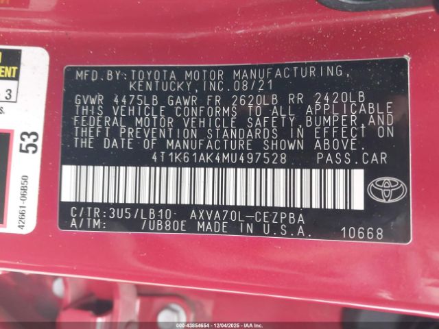 2021 TOYOTA CAMRY 4T1K61AK4MU497528 Photo 8