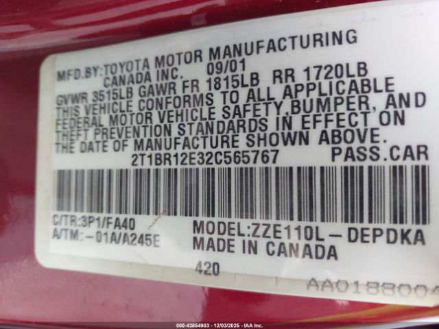 2002 TOYOTA COROLLA 2T1BR12E32C565767 Photo 8