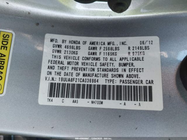2012 ACURA TL 19UUA8F21CA036964 Photo 8