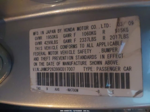 43855175 :رقم المزاد ، JHMCP26399C017007 vin ، 2009 Honda Accord 2.4 Lx مزاد بيع