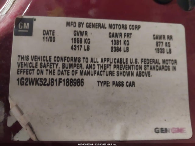 Aukcja sprzedaży 2001 Pontiac Grand Prix Se, vin: 1G2WK52J81F188986, numer aukcji: 43855204