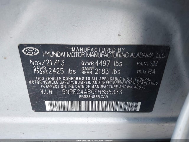 2014 Hyundai Sonata Se 2.0t მანქანა იყიდება აუქციონზე, vin: 5NPEC4AB0EH856333, აუქციონის ნომერი: 43855388