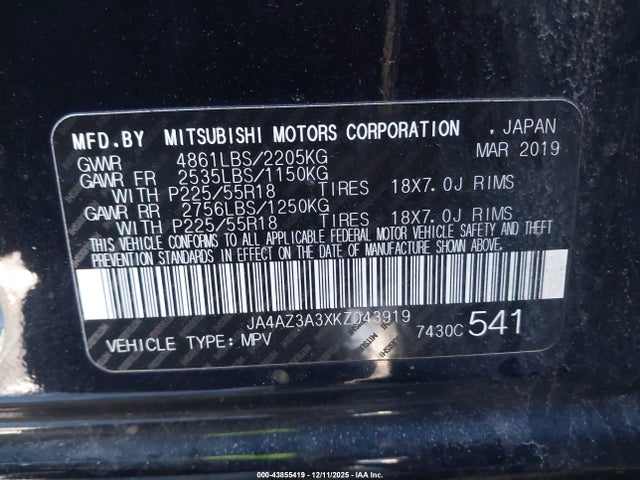 Продаж на аукціоні авто 2019 Mitsubishi Outlander Se, vin: JA4AZ3A3XKZ043919, номер лоту: 43855419