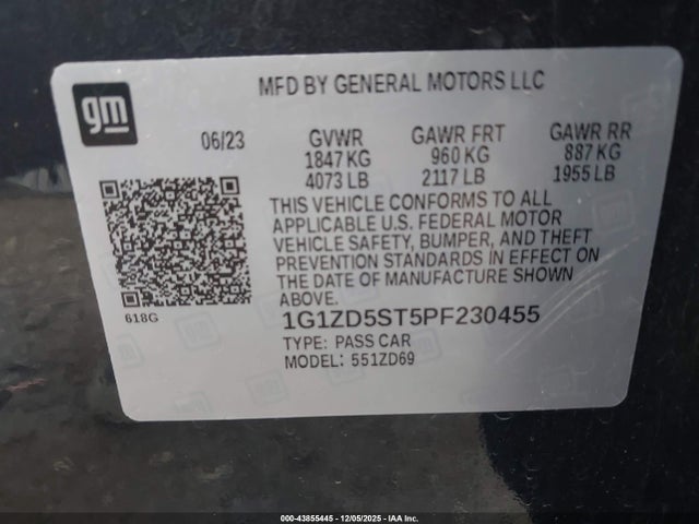Aukcja sprzedaży 2023 Chevrolet Malibu Fwd 1lt, vin: 1G1ZD5ST5PF230455, numer aukcji: 43855445