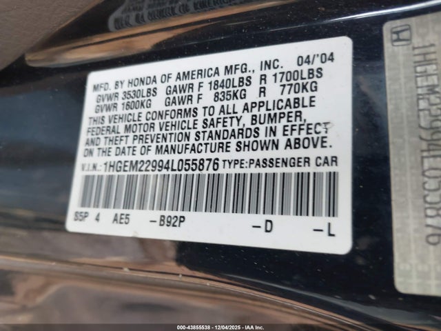 Auction sale of the 2004 Honda Civic Ex, vin: 1HGEM22994L055876, lot number: 43855538