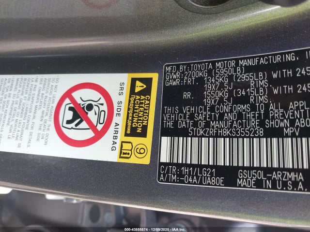 5TDKZRFH8KS355238 Toyota Highlander Se