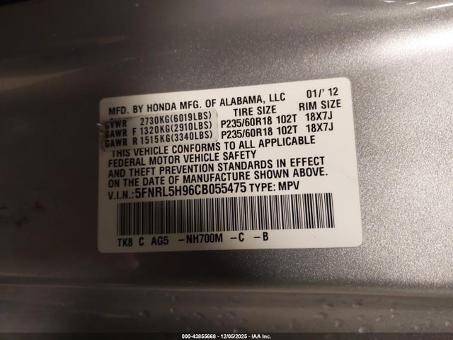 2012 HONDA ODYSSEY 5FNRL5H96CB055475 Photo 8