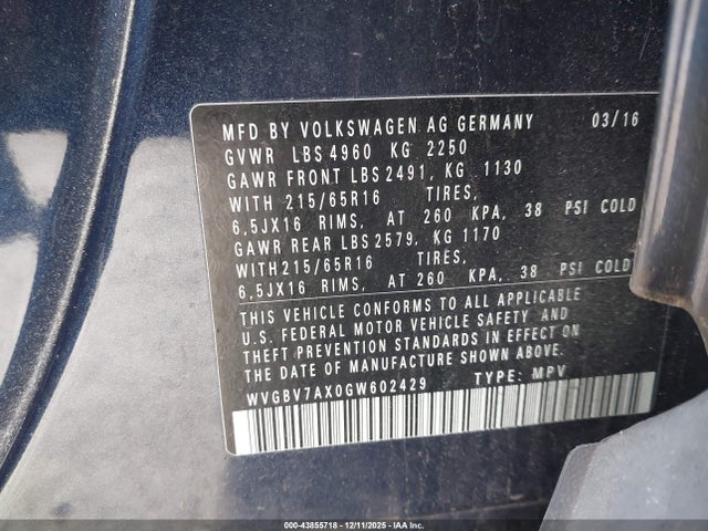WVGBV7AX0GW602429 Volkswagen TIGUAN S