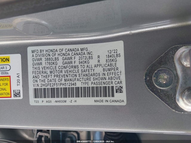 43855772 :رقم المزاد ، 2HGFE2F51PH512948 vin ، 2023 Honda Civic Sport مزاد بيع