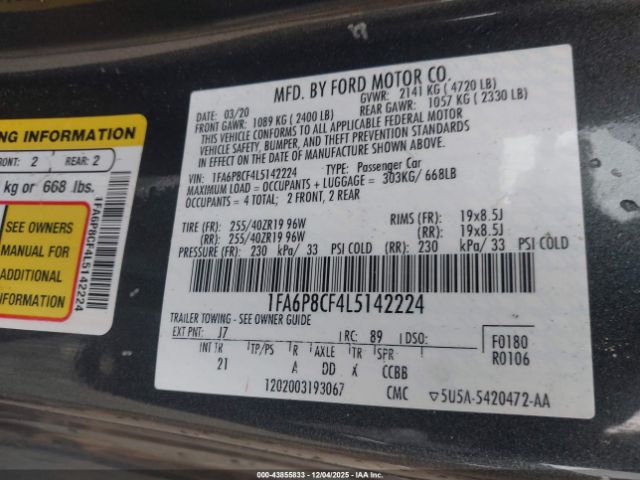 2020 FORD MUSTANG 1FA6P8CF4L5142224 Photo 8