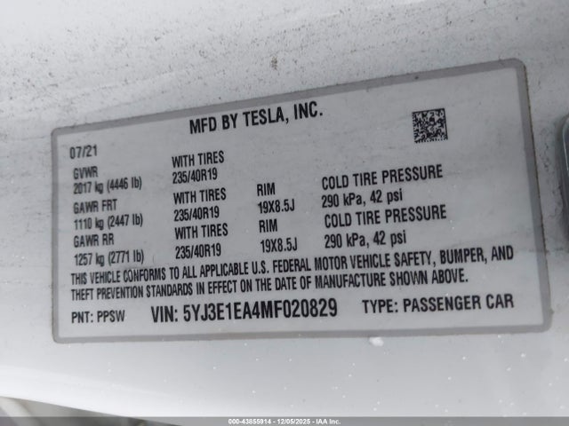 2021 TESLA MODEL 3 5YJ3E1EA4MF020829 Photo 8
