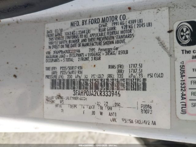 2012 FORD FUSION 3FAHP0JA2CR333946 Photo 8